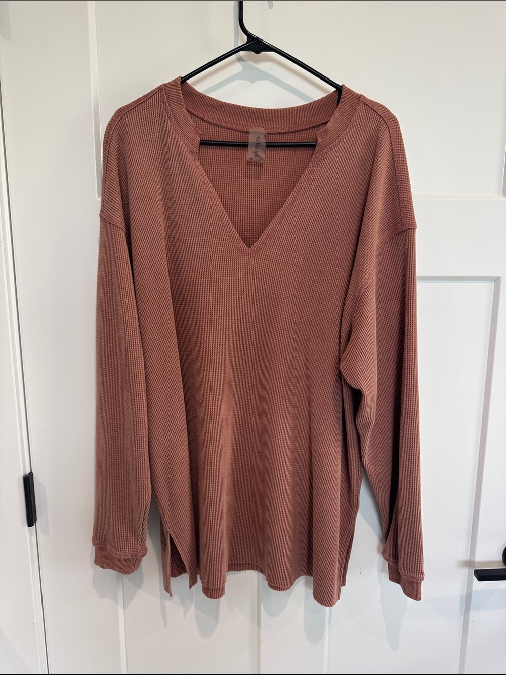 AS Revival Relaxed V-Neck Waffle Knit Long Sleeve Top - Dusty Rose
